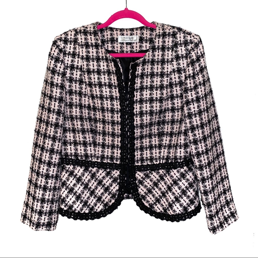 Tahari Vintage Black Pink Tweed Blazer Jacket